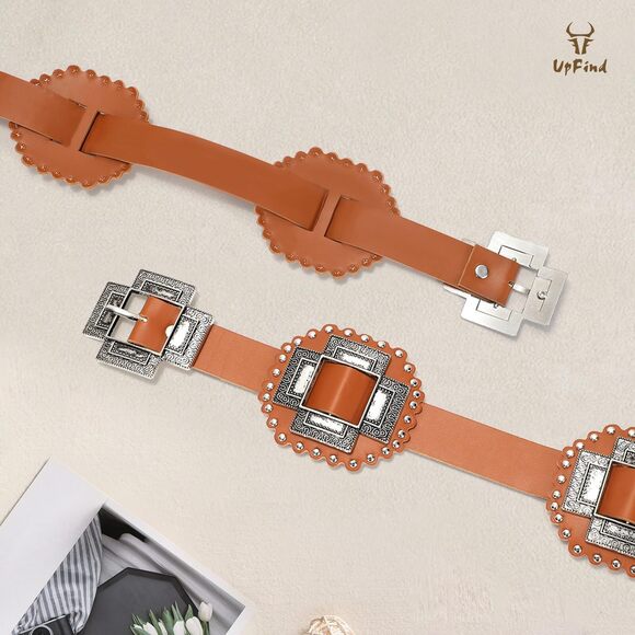 Women Western Brown Concho Belt Leather Cowgirl Wide Boho Belt For 1693 - Picture 6 of 7